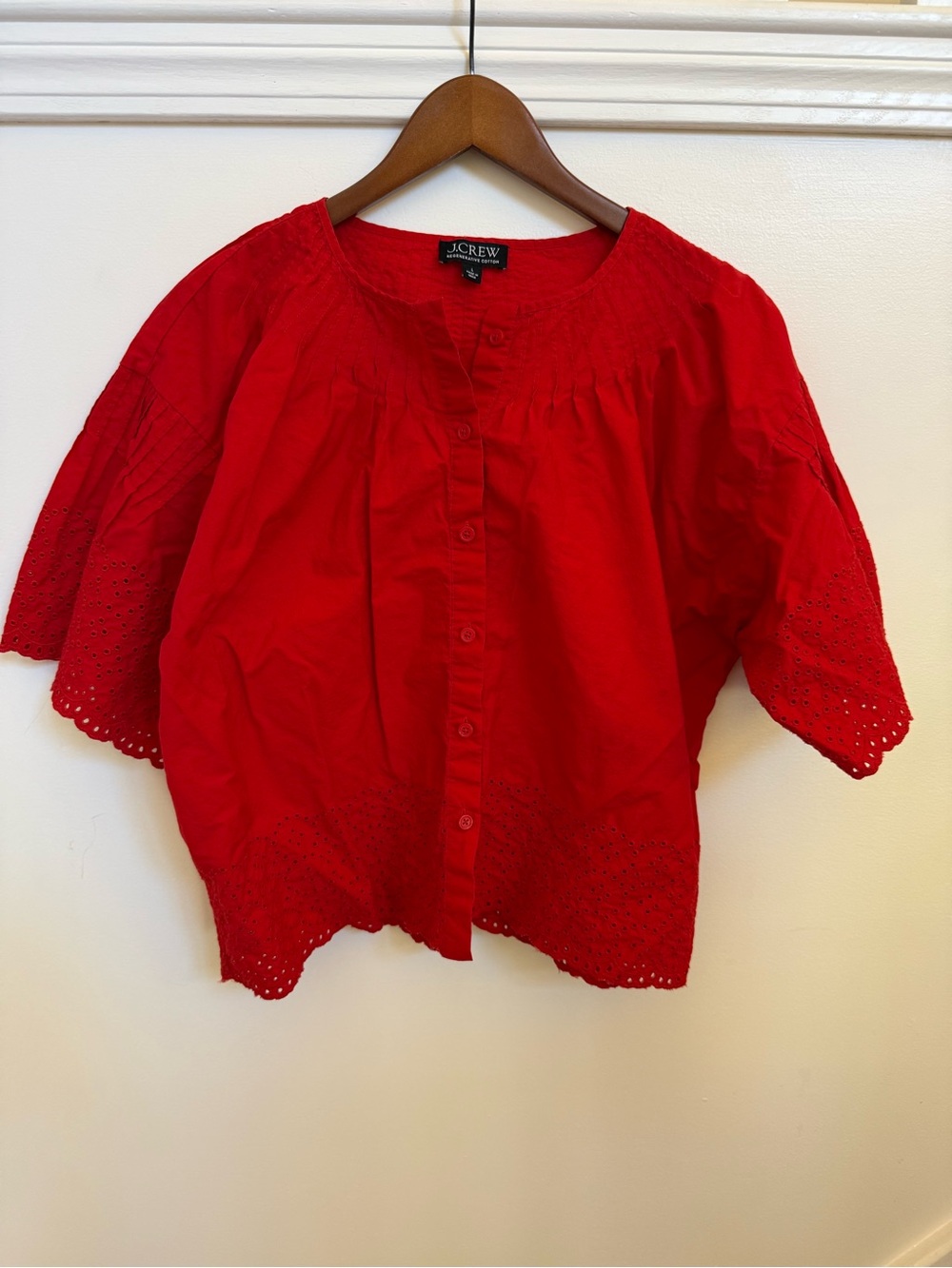 J.Crew Eyelet Peasant Top | Women's L | Red | Pintuck Yoke | 3/4 Sleeves